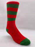 Red and Green Stripe Christmas or Freddy Krueger Sock by CRU SOX, front right view.