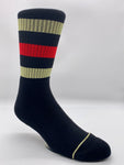 Black, Red, and Metallic Gold Stripe Sock by CRU SOX, front right view.