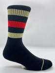 Black, Red, and Metallic Gold Stripe Sock by CRU SOX, right view.