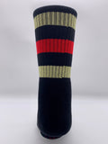 Black, Red, and Metallic Gold Stripe Sock by CRU SOX, back view.